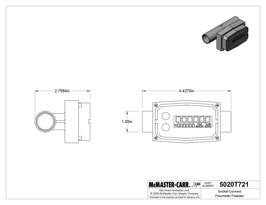 Technical Drawing of Socket-Connect Flowmeter/Totalizer, Turbine Flow Management, 3/4 Male Pipe Size.